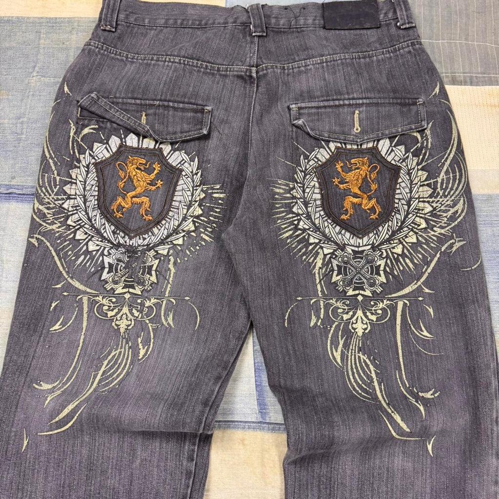 2000s embroidered jeans with lion design | 36x31