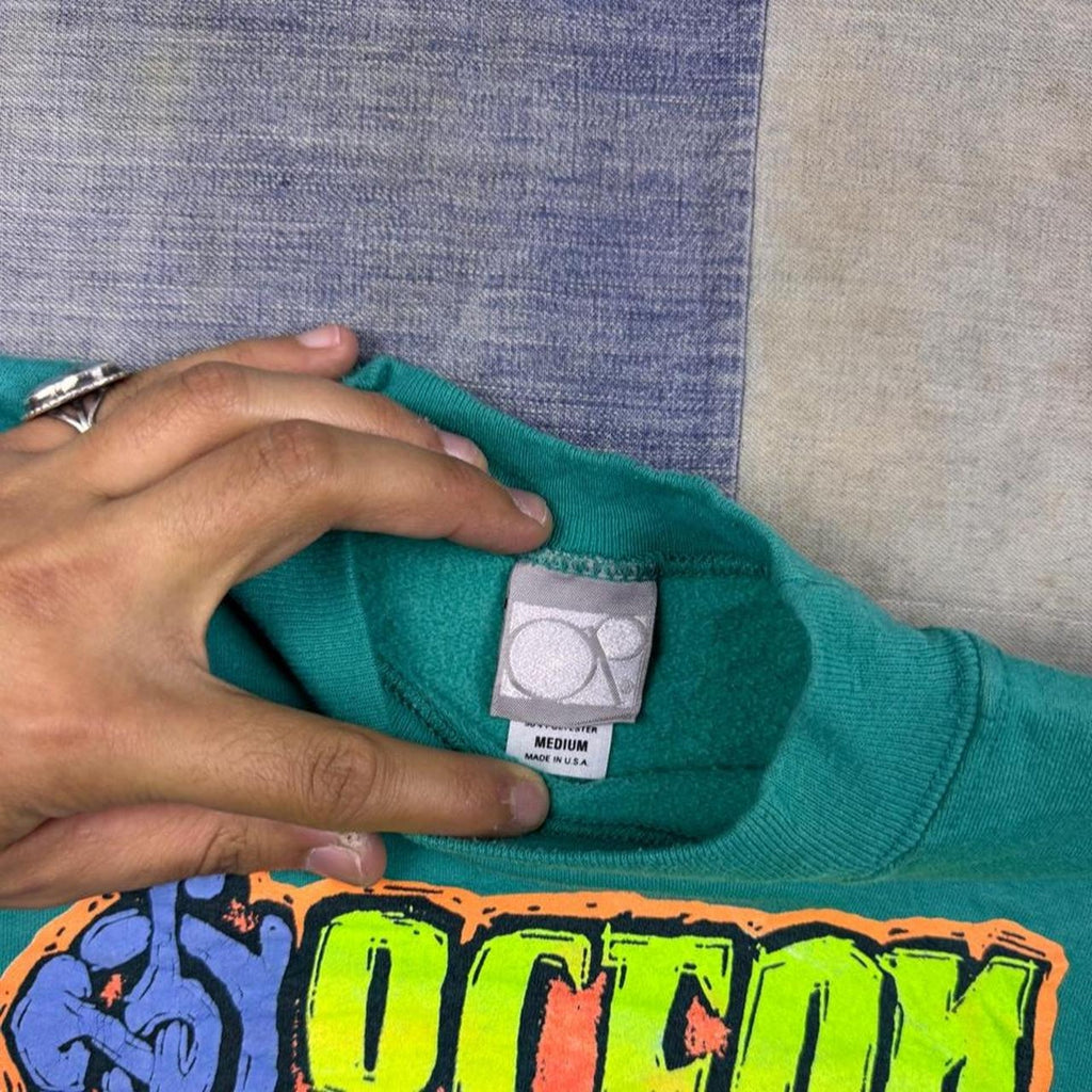 1990s Ocean Pacific Crewneck Sweatshirt Teal Neon Surf Graphic 1992 | M
