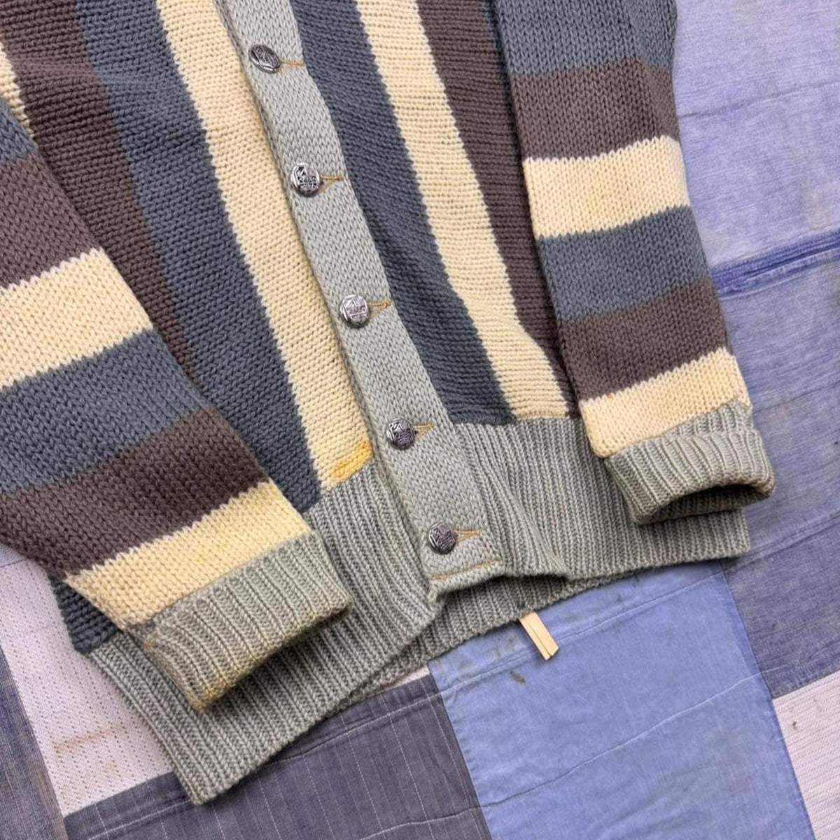 1960s Striped Shawl Collar Cardigan Cream Brown Grandpa Kurt Cobain | M