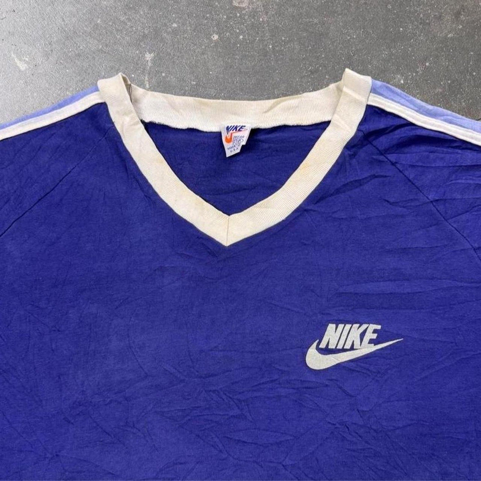 1980s Nike Sportswear Blue V-Neck Ringer Tee | Large