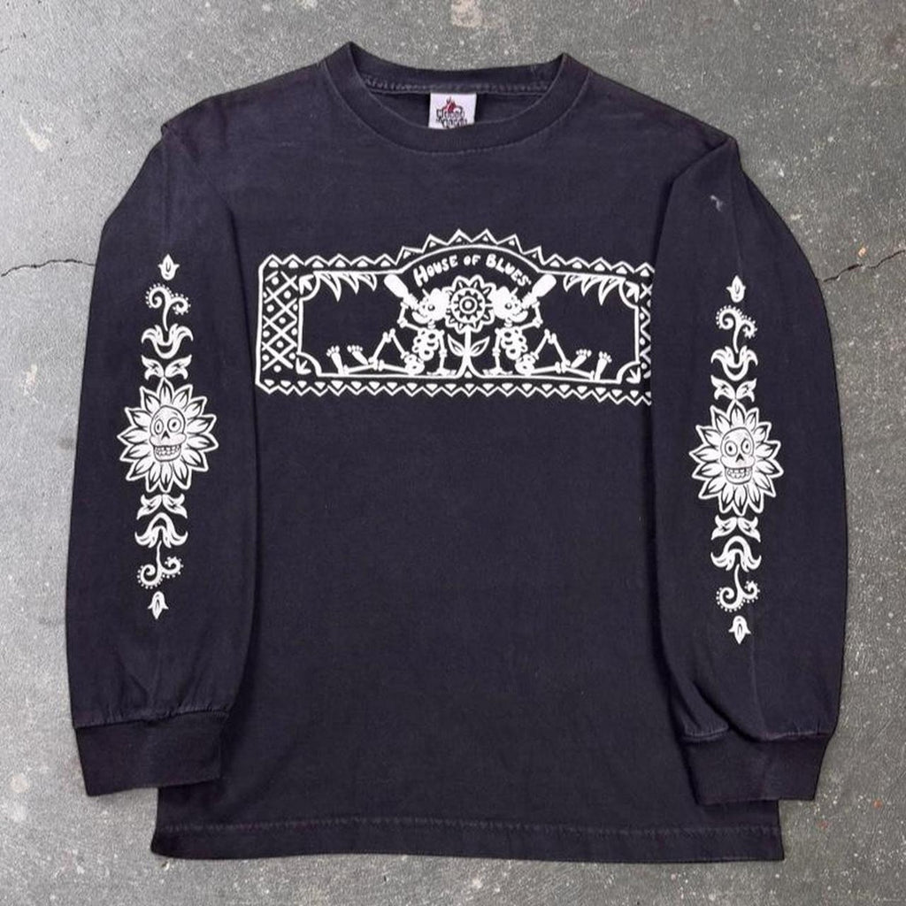 2000s House of Blues Skeleton Folk Art Long Sleeve Tee | Small