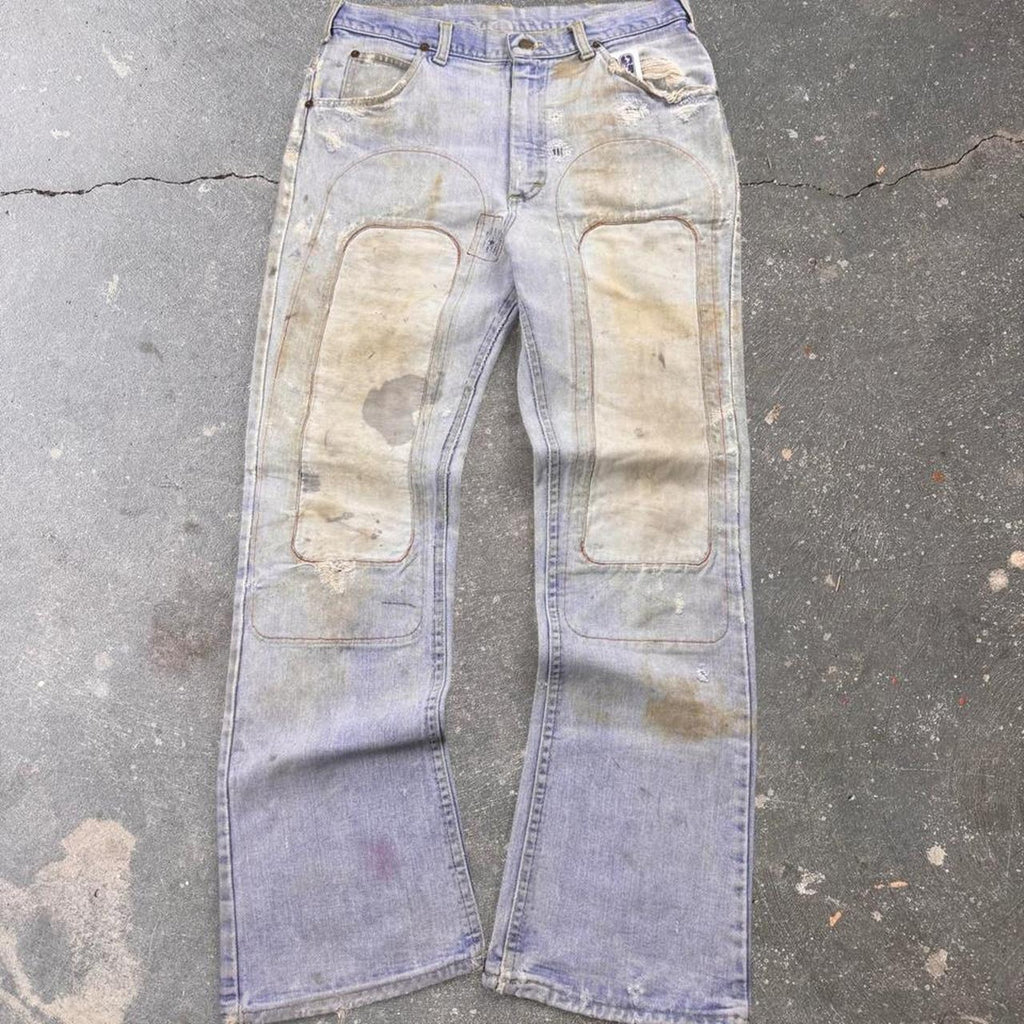 1970s Lee Custom Double-Knee Distressed Flare Jeans | 33x30.5