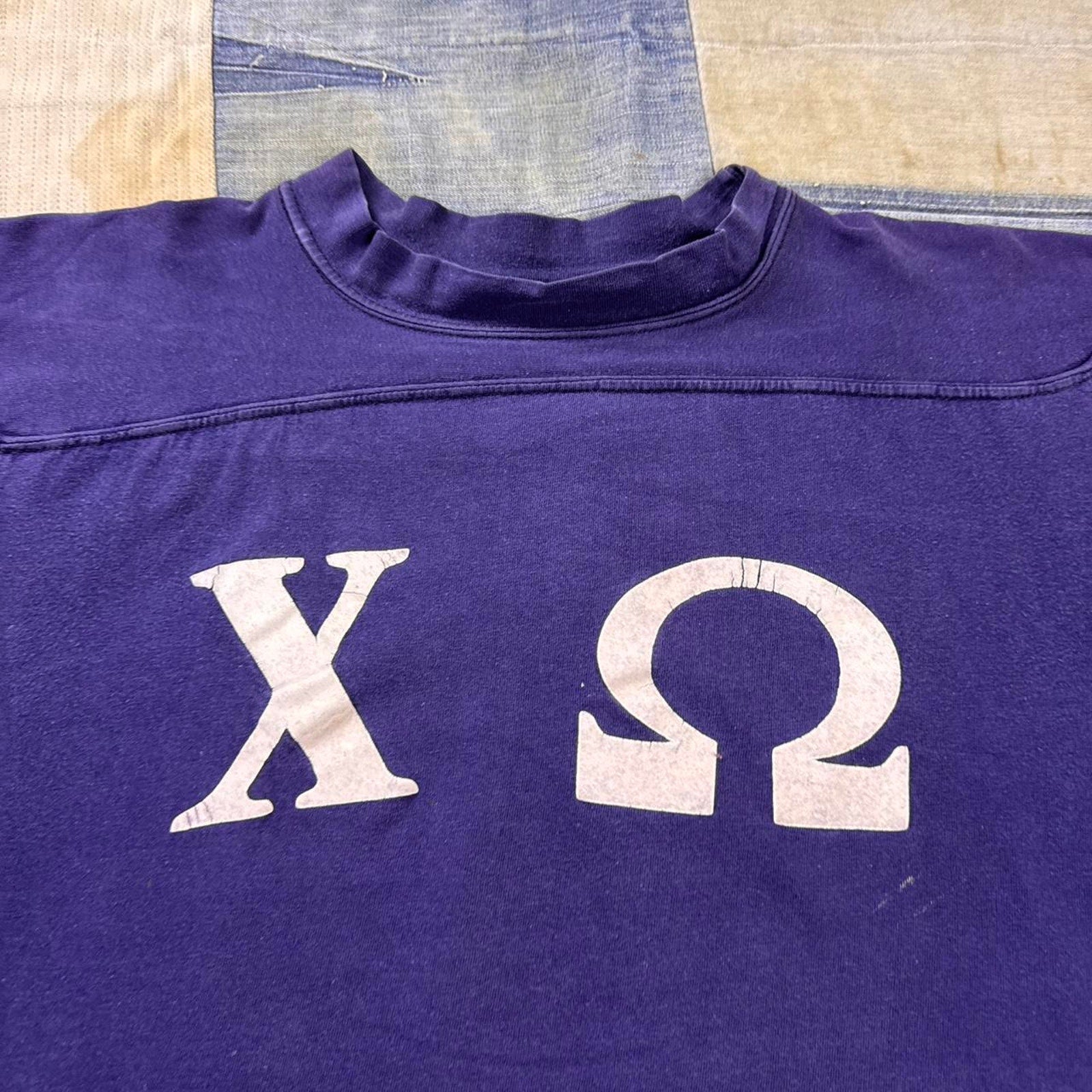 1970s Omega Psi Phi Purple & White Letterman Tee | Medium