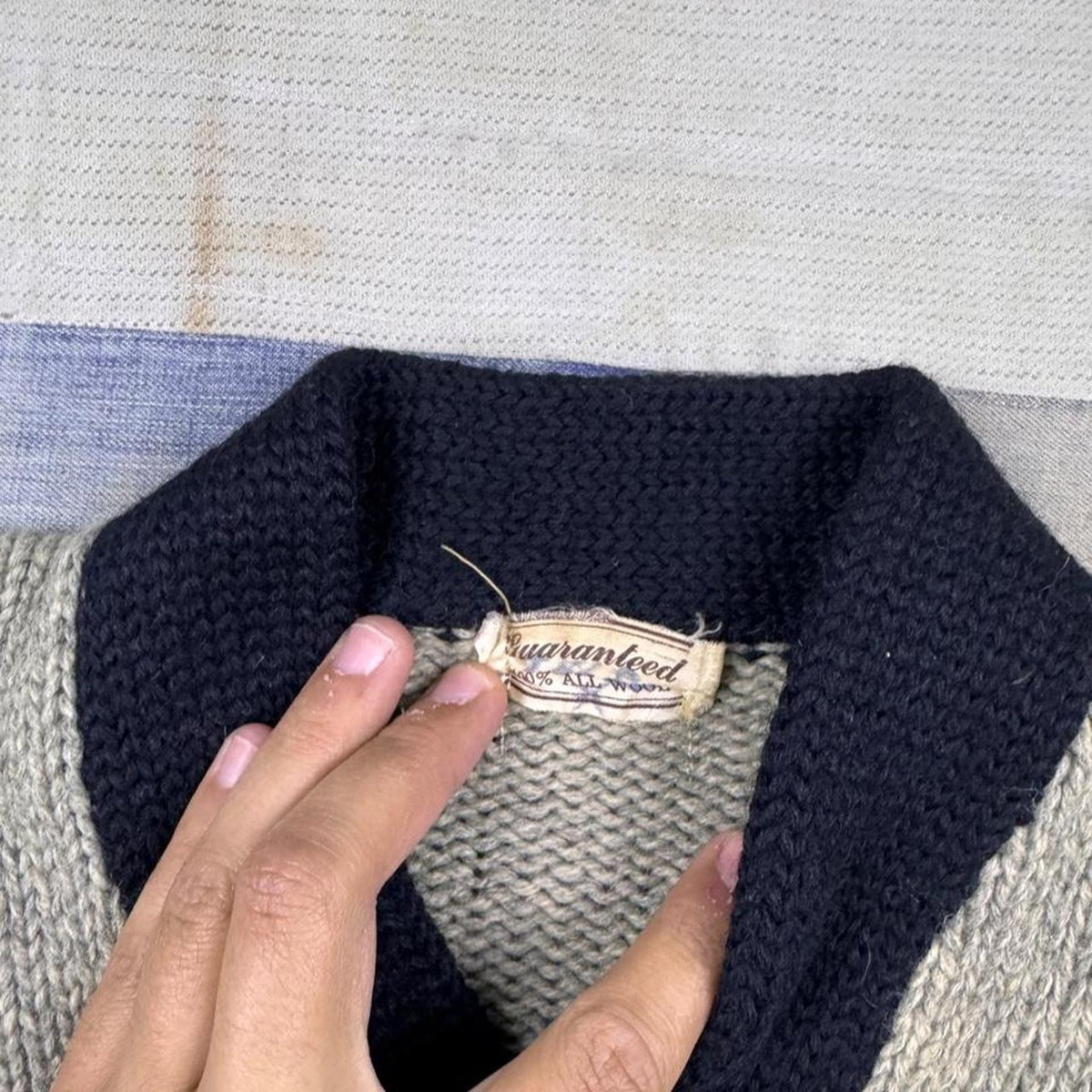 1950s Guaranteed 100% All Wool Two Tone Shawl Collar Sweater | Medium