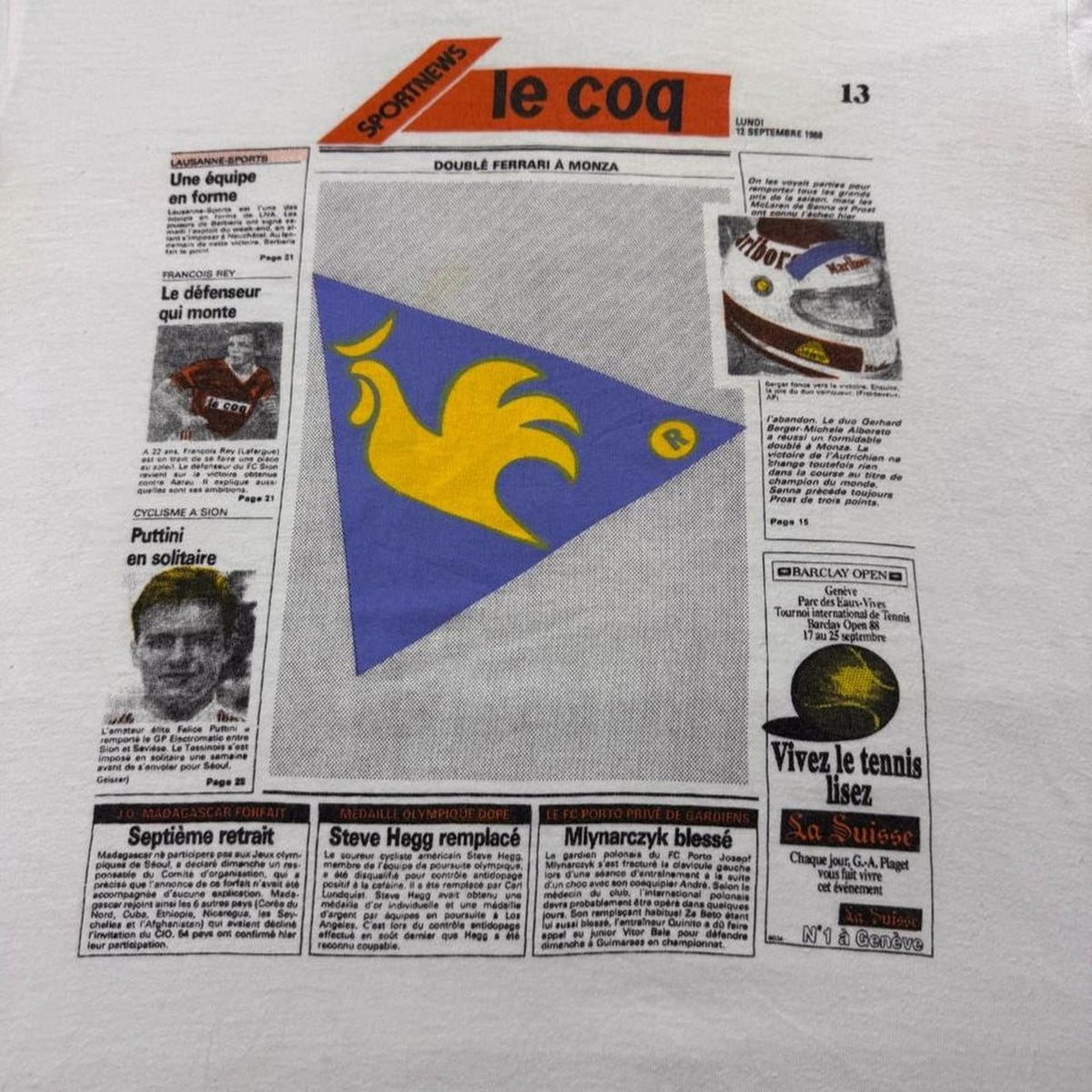 1990s Le Coq Sportif “Le Coq” Sports News Newspaper Graphic Tee | Large