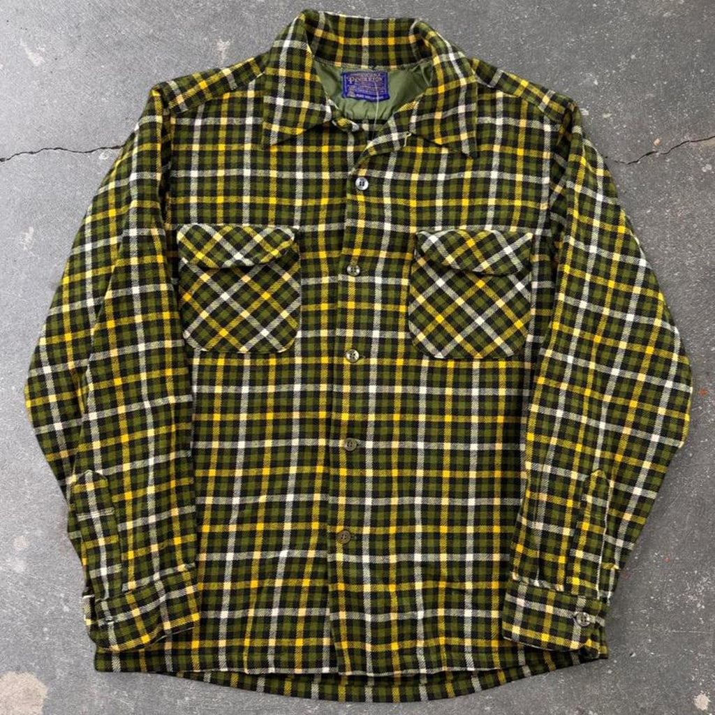 1960s Pendleton Green Yellow Plaid Wool Loop Collar Shirt | Medium
