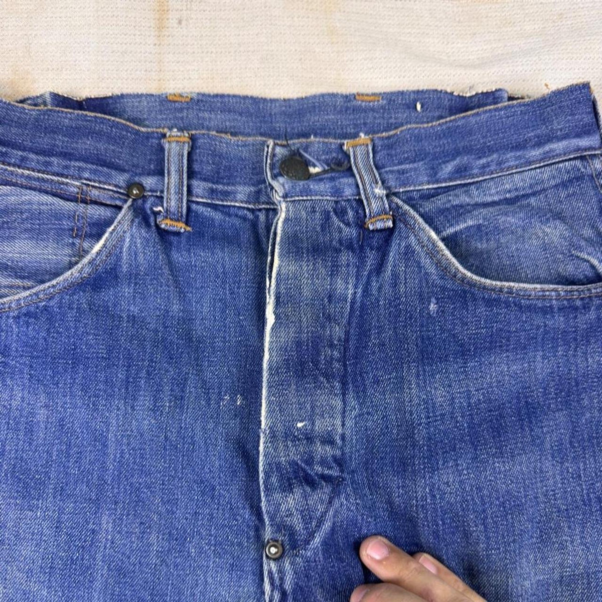 1940s Distressed Denim Jeans Crotch Rivet Donut Button Vanderbilt Patch 29x27.5