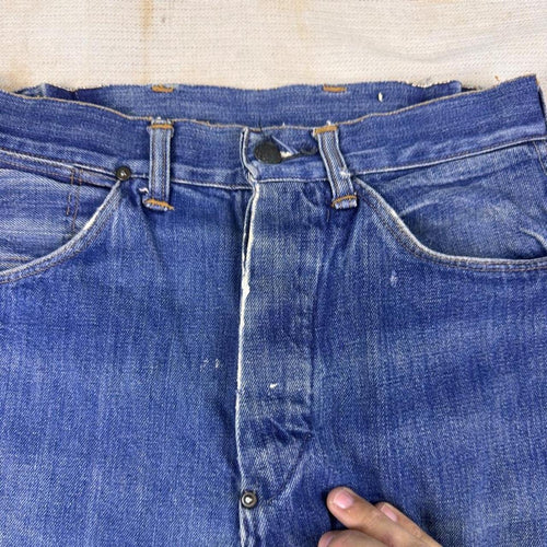 1940s Distressed Denim Jeans Crotch Rivet Donut Button Vanderbilt Patch 29x27.5