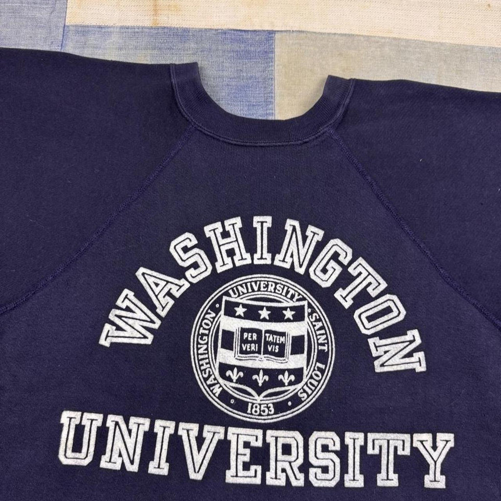 1960s Washington University Cutoff Sweatshirt Navy Flocked Print Collegiate | M