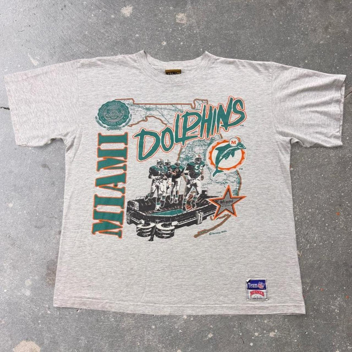 1990s Miami Dolphins Nutmeg Mills NFL All Over Graphic Tee | Large