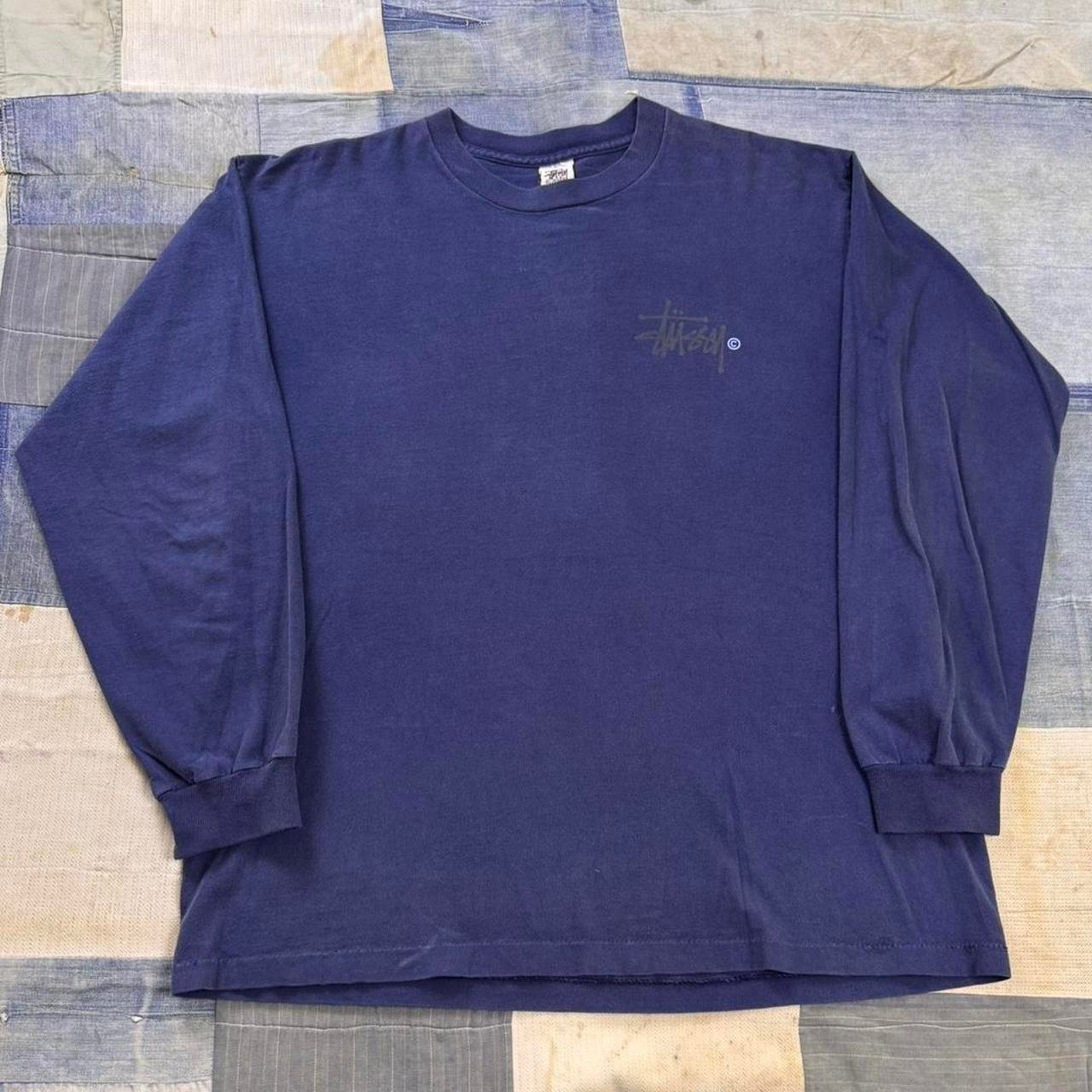 90’s Vintage Stüssy navy blue long sleeve shirt with gray Stüssy logo Size XL