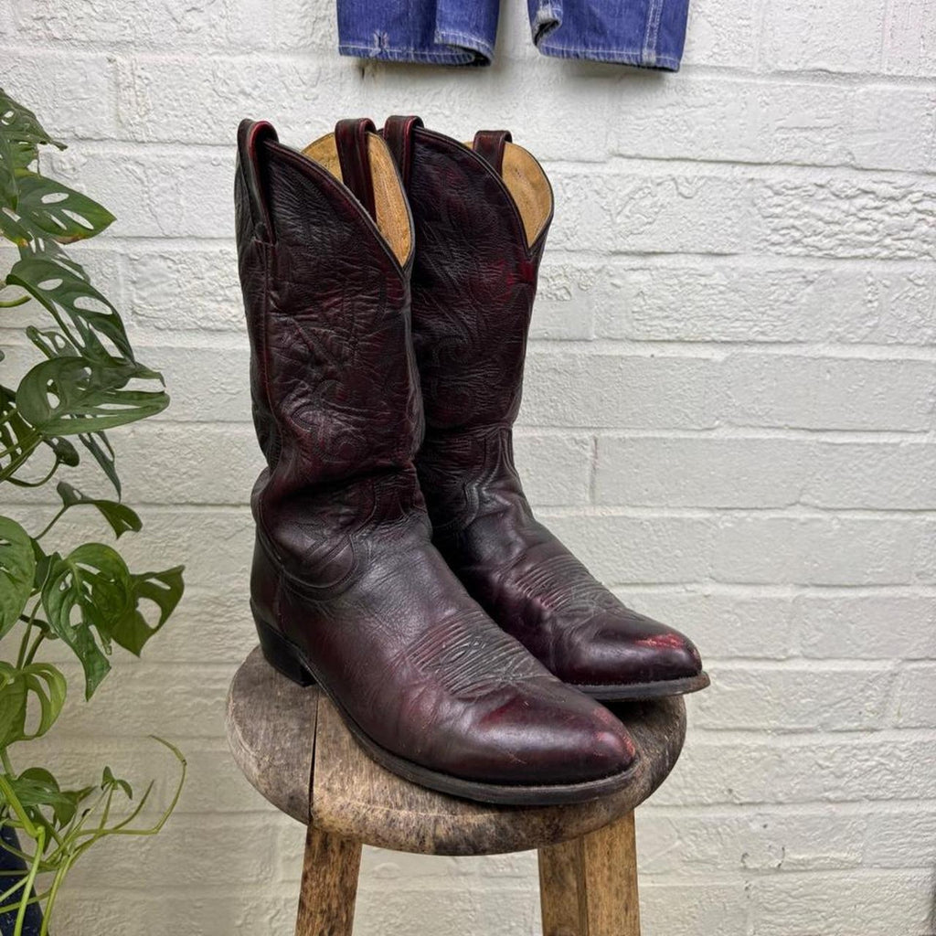1980s Dan Post Black Cherry Leather Cowboy Boots | Men's 11D