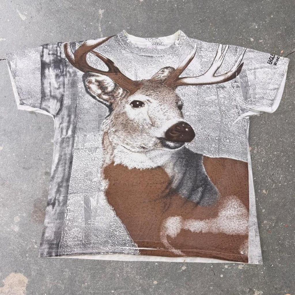 1990s Eagle River Wisconsin Whitetail Deer All Over Print Tee | XL
