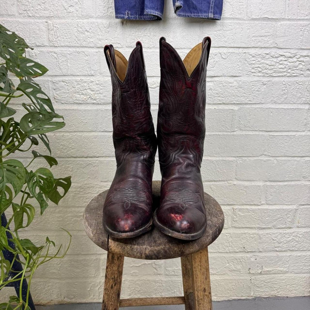 1980s Dan Post Black Cherry Leather Cowboy Boots | Men's 11D