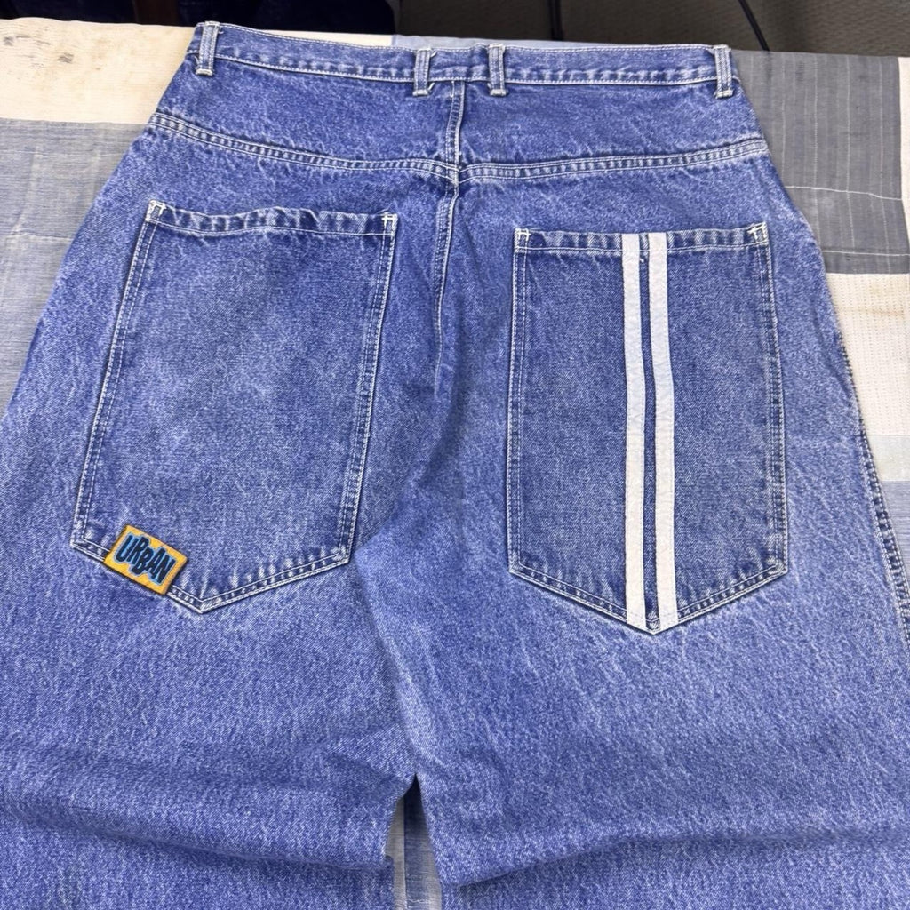 Y2K Urban Brand Wide Leg Baggy Skater Hiphop Jeans With Embroidery Size 34x30.5