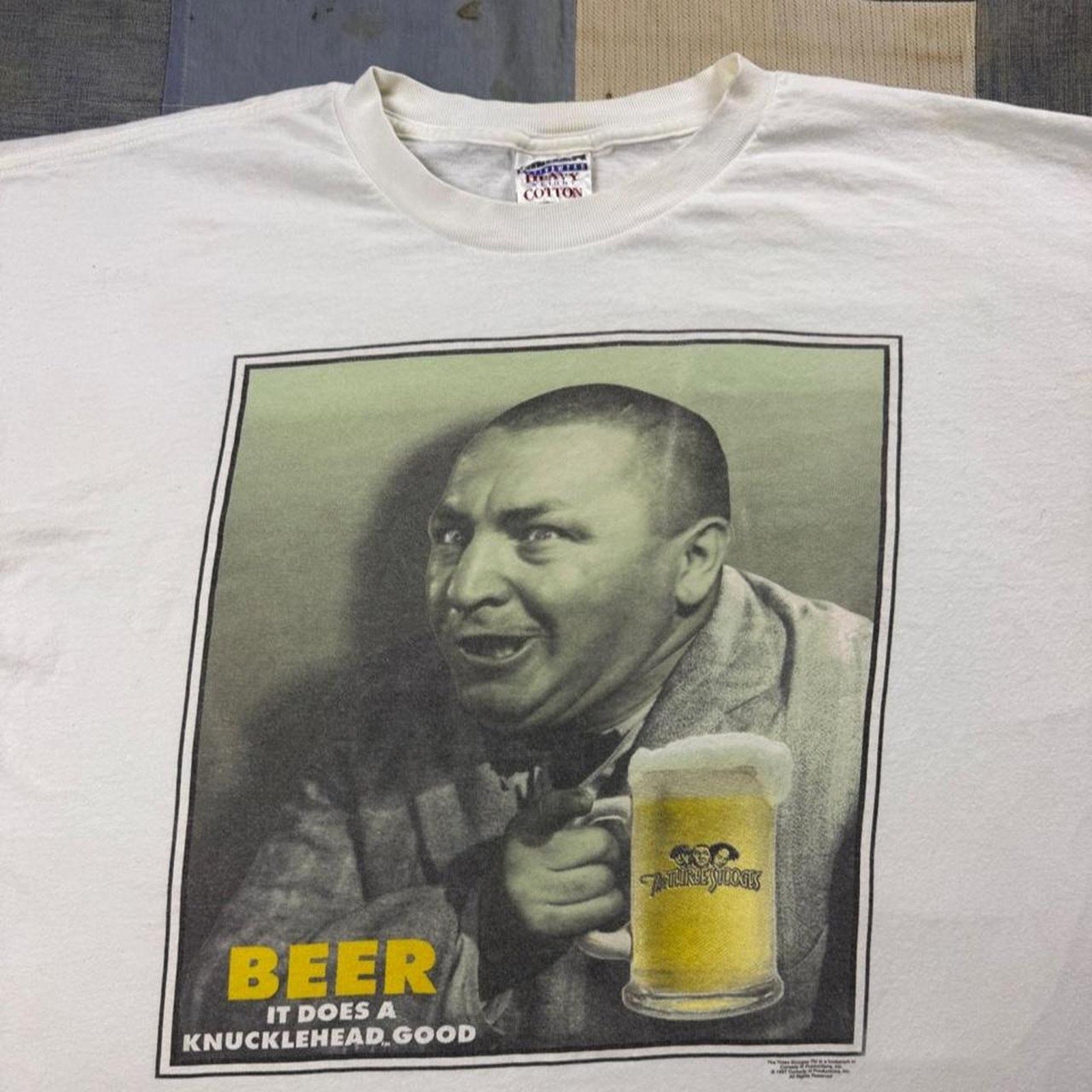 1997 Three Stooges Beer “It Does a Knucklehead Good” Tee | XL
