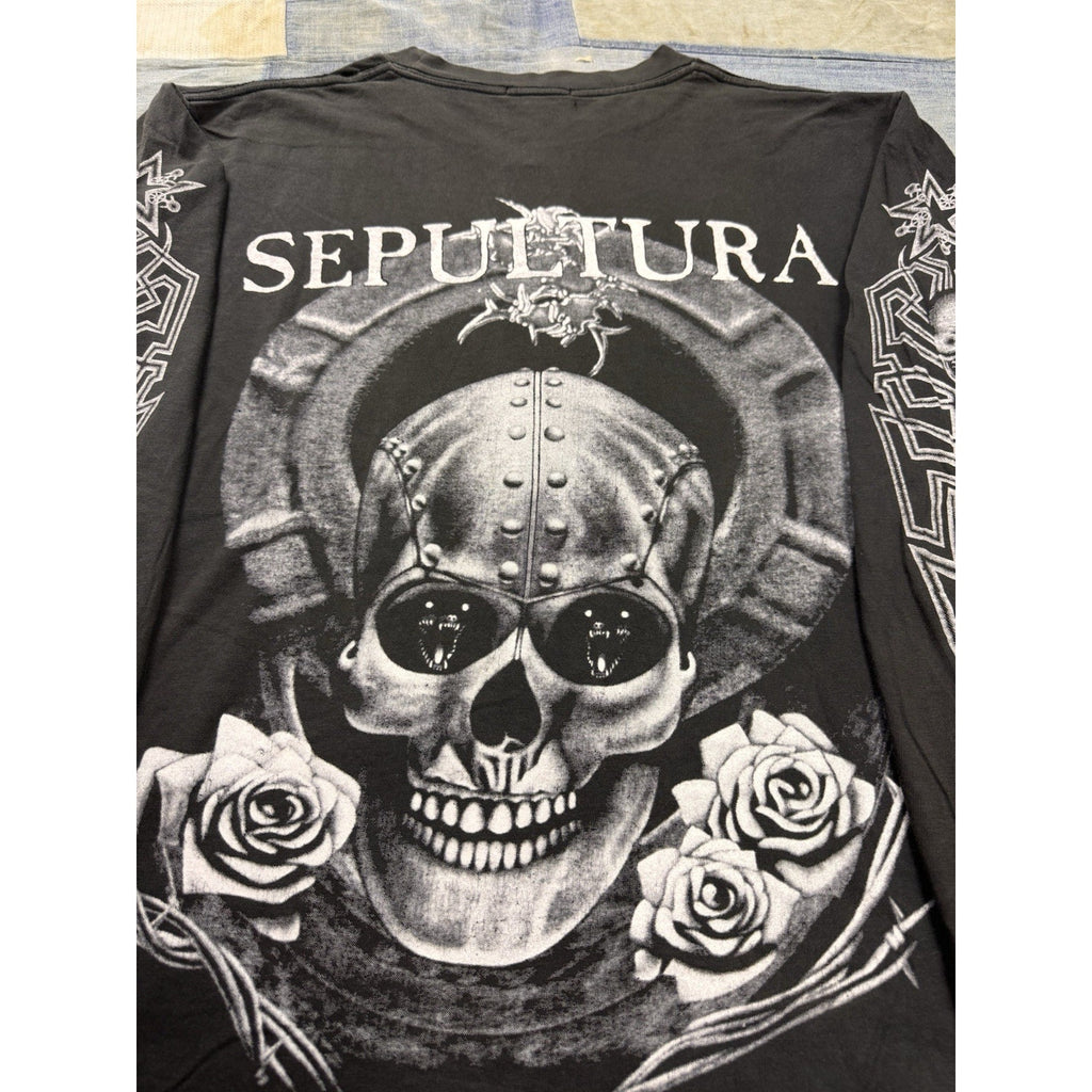 Vintage Sepultura Long Sleeve Band T Shirt Black Skull Graphic Metal Size XL