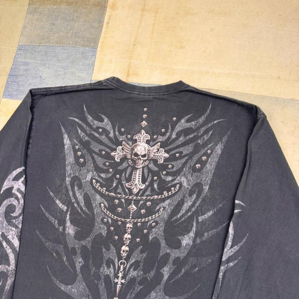2000s Spiral Direct Gothic Skull Cross Tribal Long Sleeve Tee | XX Large
