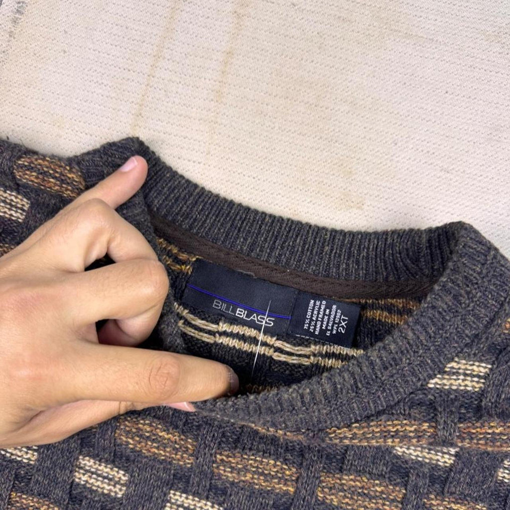 1990s Bill Blass Geometric Textured Knit Crewneck Sweater | 2XL