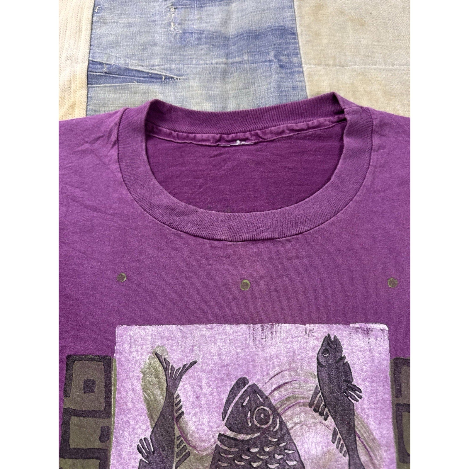 Vintage 90s Fish Art Graphic T Shirt Purple All Over Print Single Stitch XL