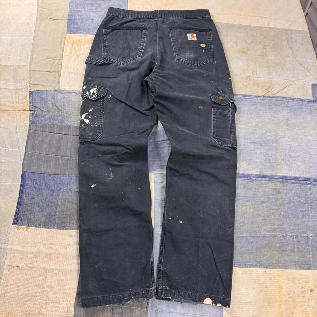 2000s Carhartt Black Ripstop Cargo Work Pants Distressed Paint Splatter | 30x30