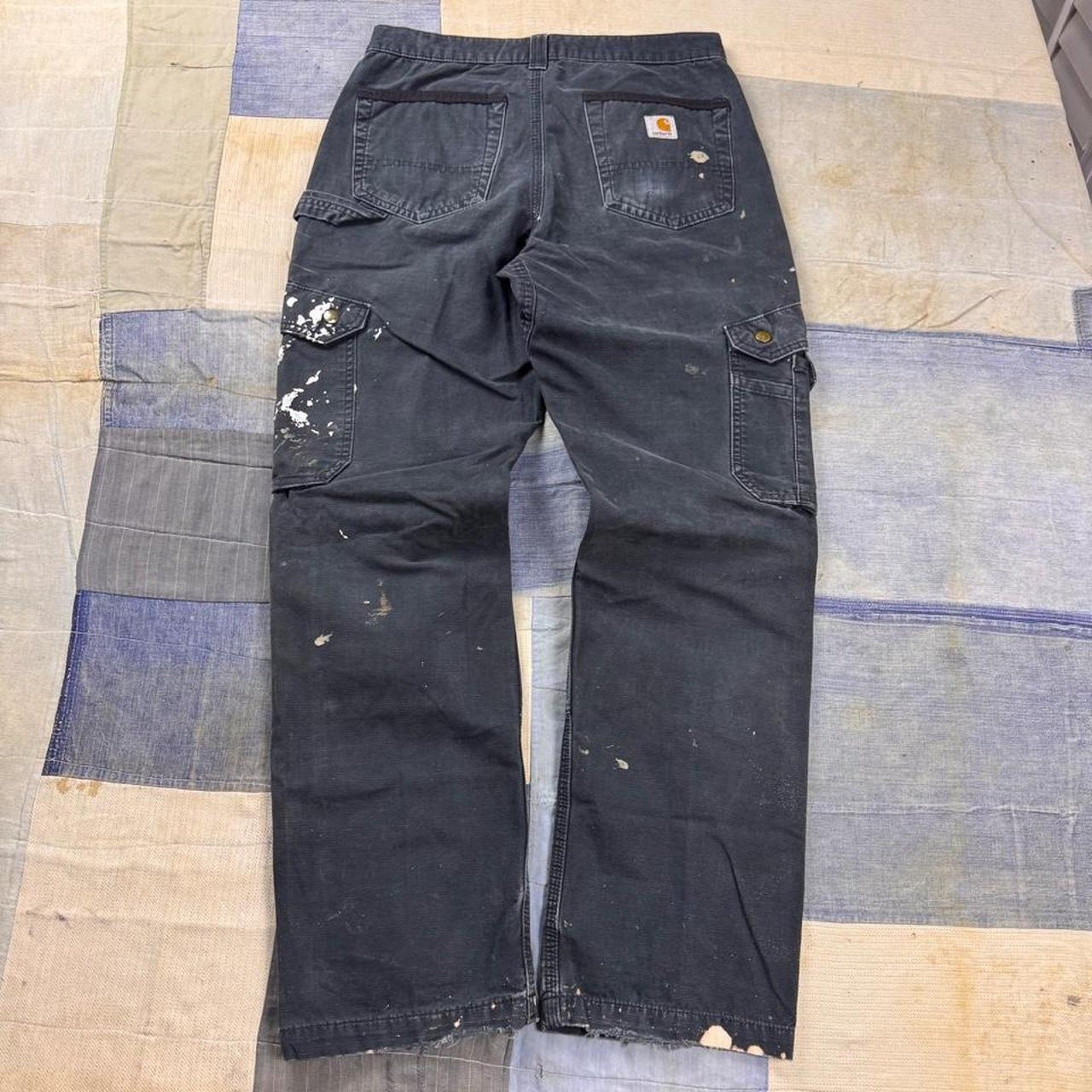 2000s Carhartt Black Ripstop Cargo Work Pants Distressed Paint Splatter | 30x30