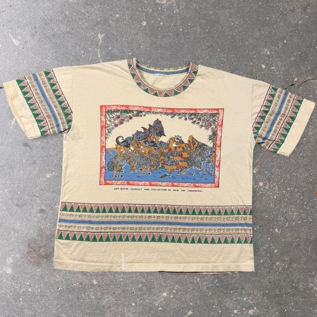 1990s New Top Indonesia Art Batik Wayang Graphic Tee All Over Tribal Print | Large