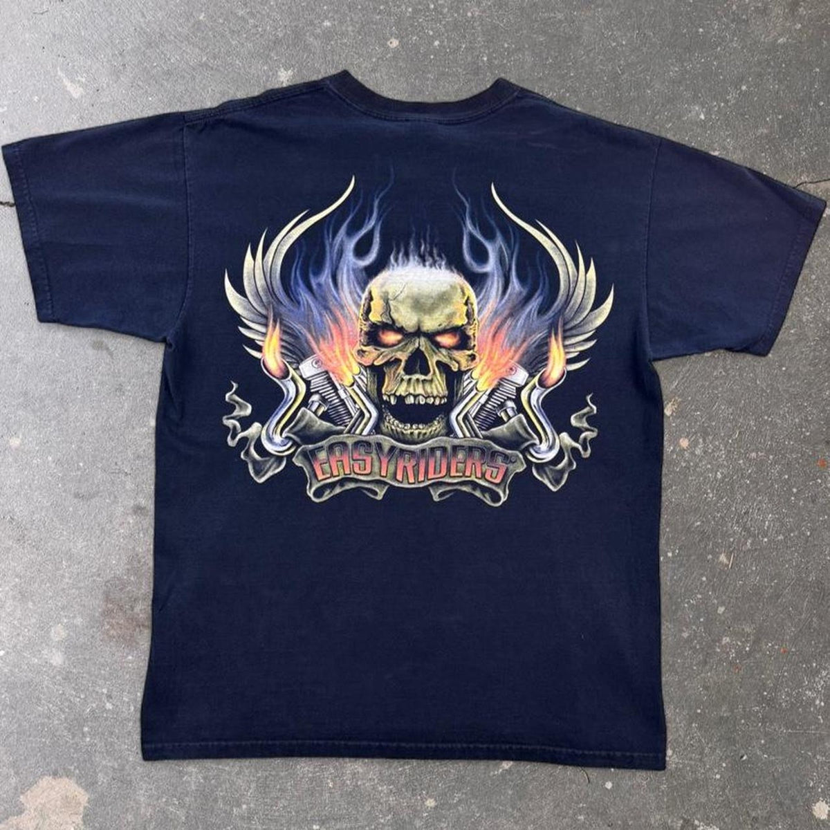 2000s Easy Riders Flaming Skull Motorcycle Biker Tee | XL