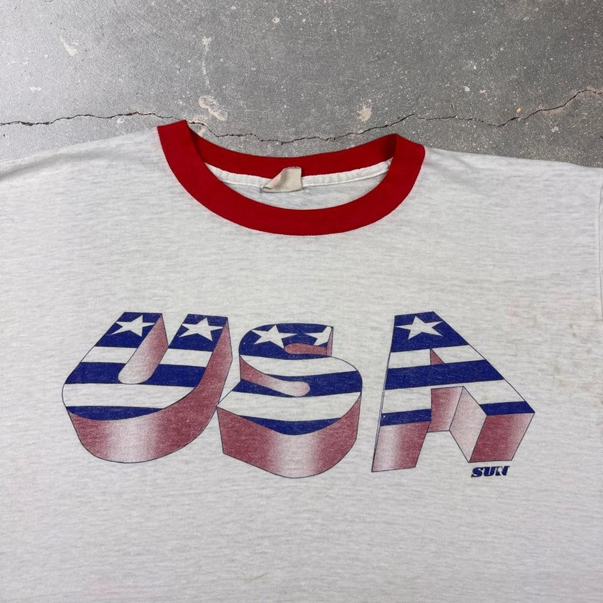 1980s USA Stars & Stripes Patriotic Ringer Tee White Red | Large