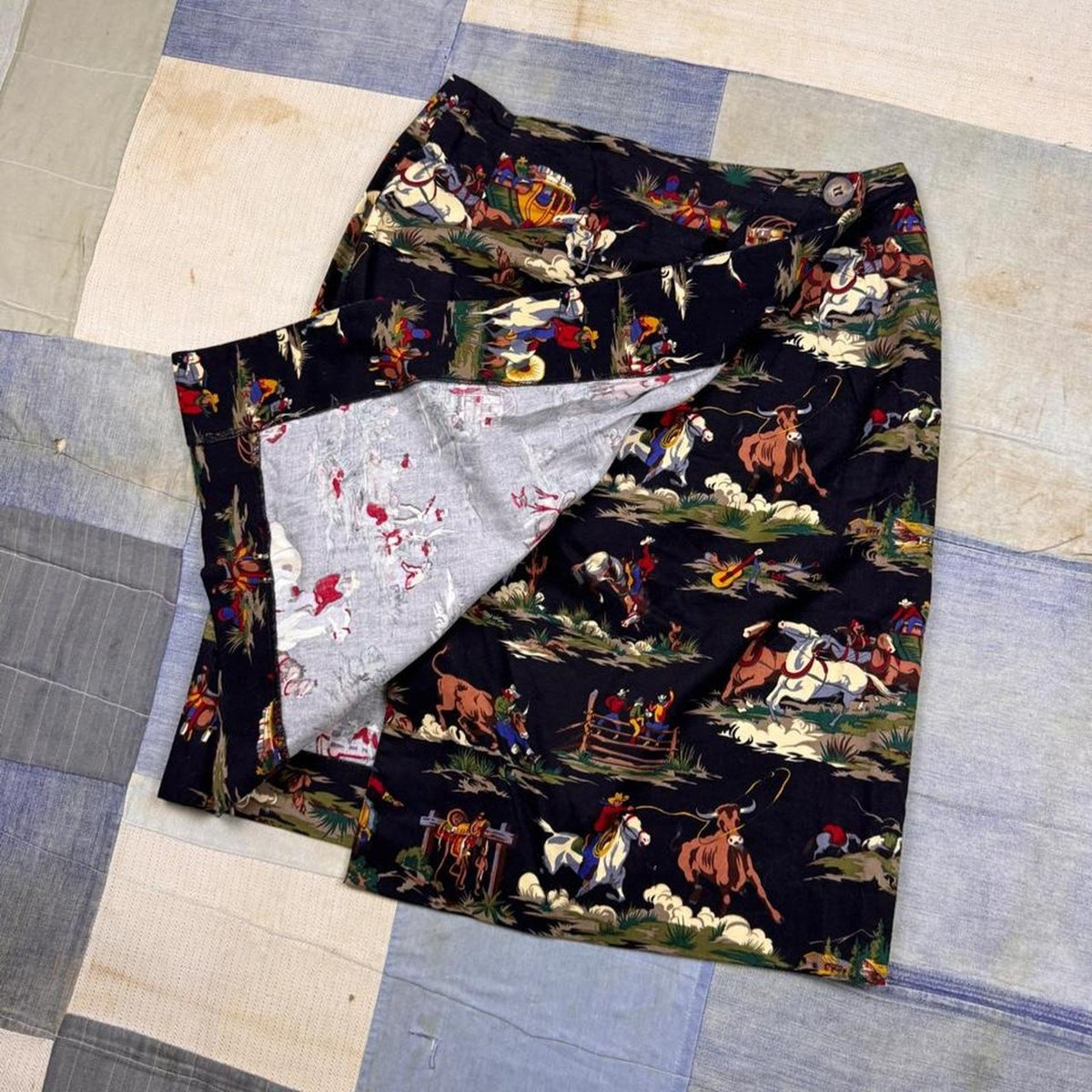1980s Western Cowboy Print Wrap Skirt Black Novelty Rodeo | 10
