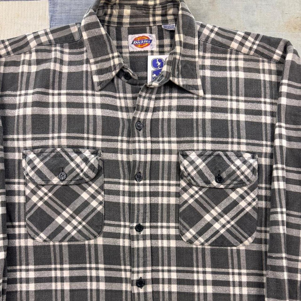 1990s Dickies Black and White Plaid Flannel Shirt | XL