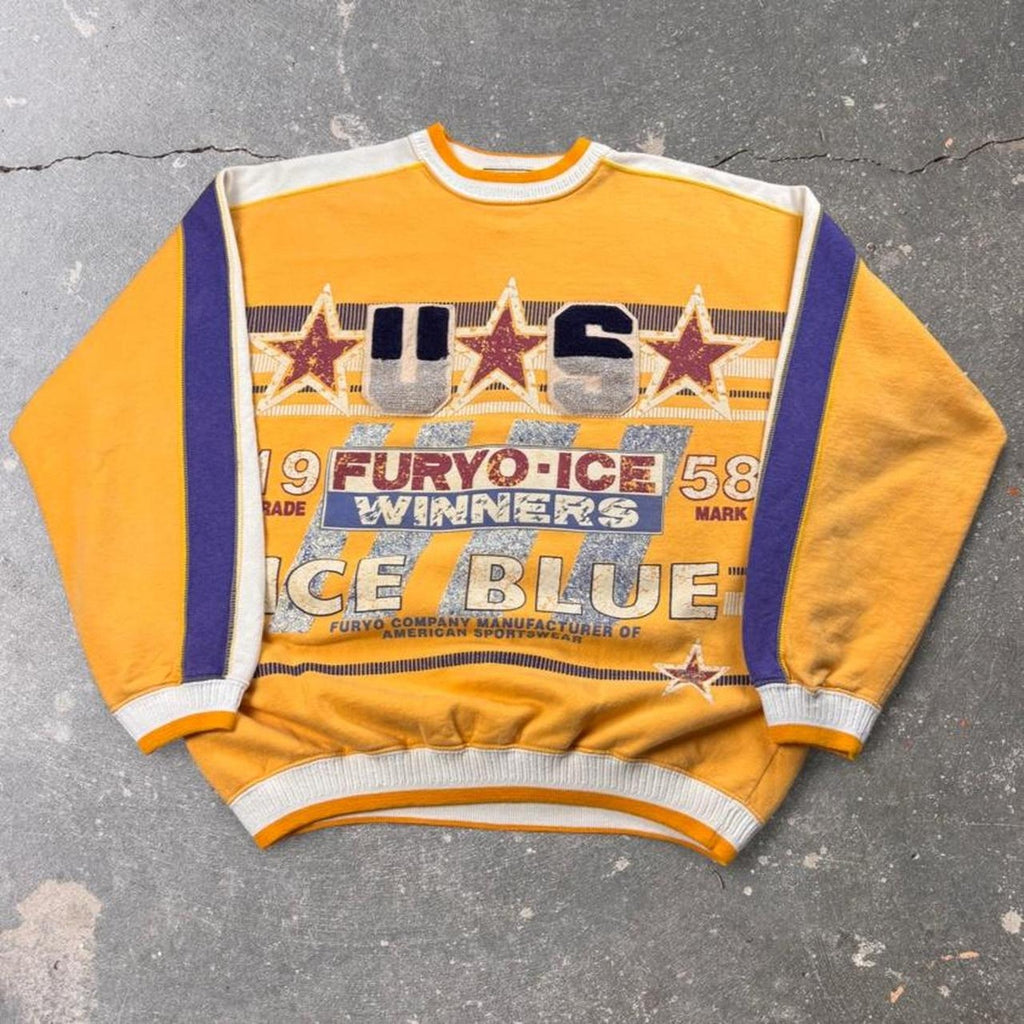1990s Fury-O Ice Blue Winners Chenille Patch Crewneck Sweatshirt | XL