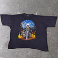 1990s Skeleton Biker Motorcycle Flame Graphic Black Tee | XXL