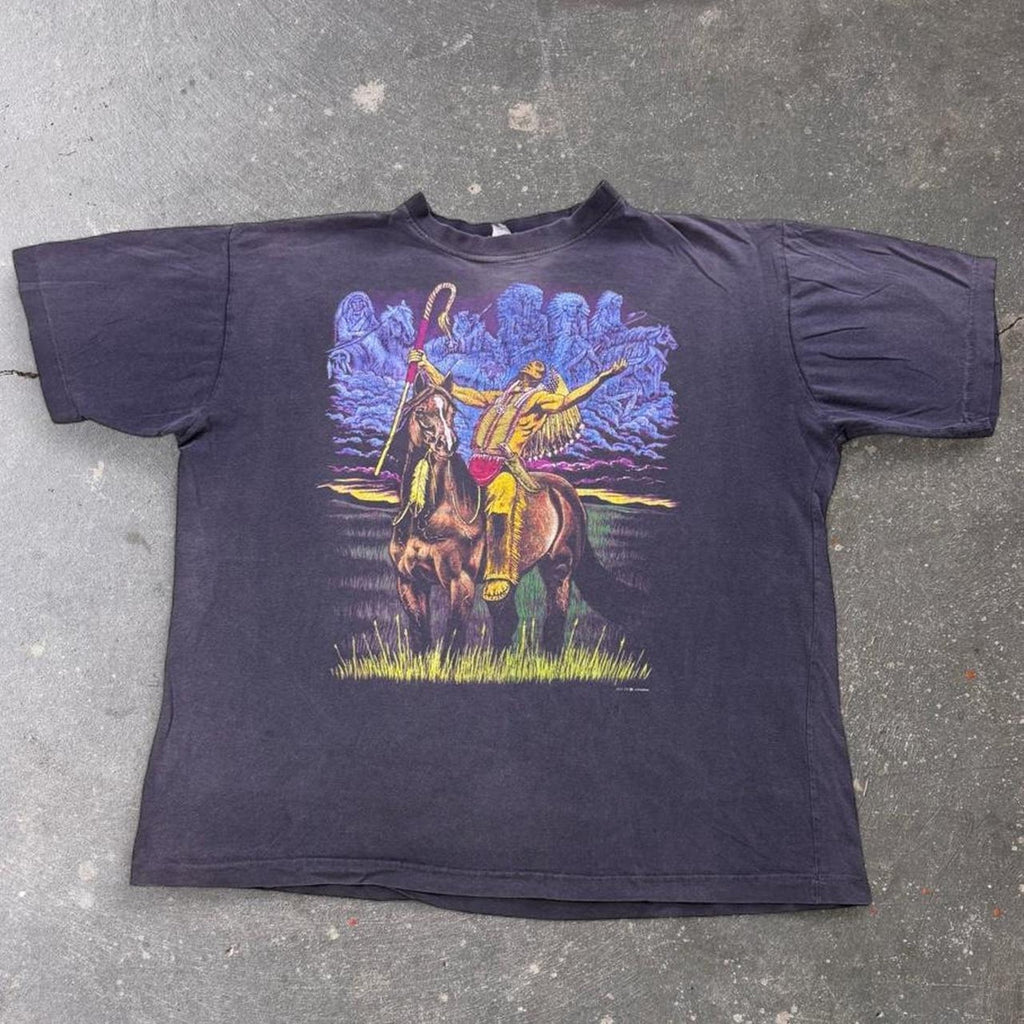 1990s Native American Spirit Warrior Horse Graphic Tee | Large