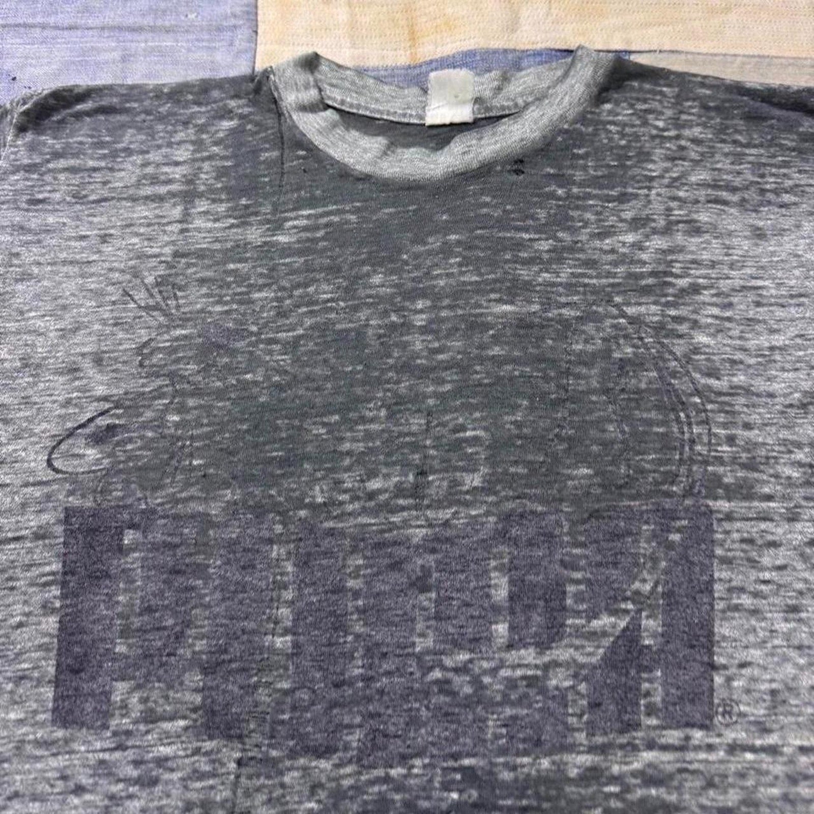 1970s Puma Burnout T Shirt Gray Faded  & Distressed Tee | Large