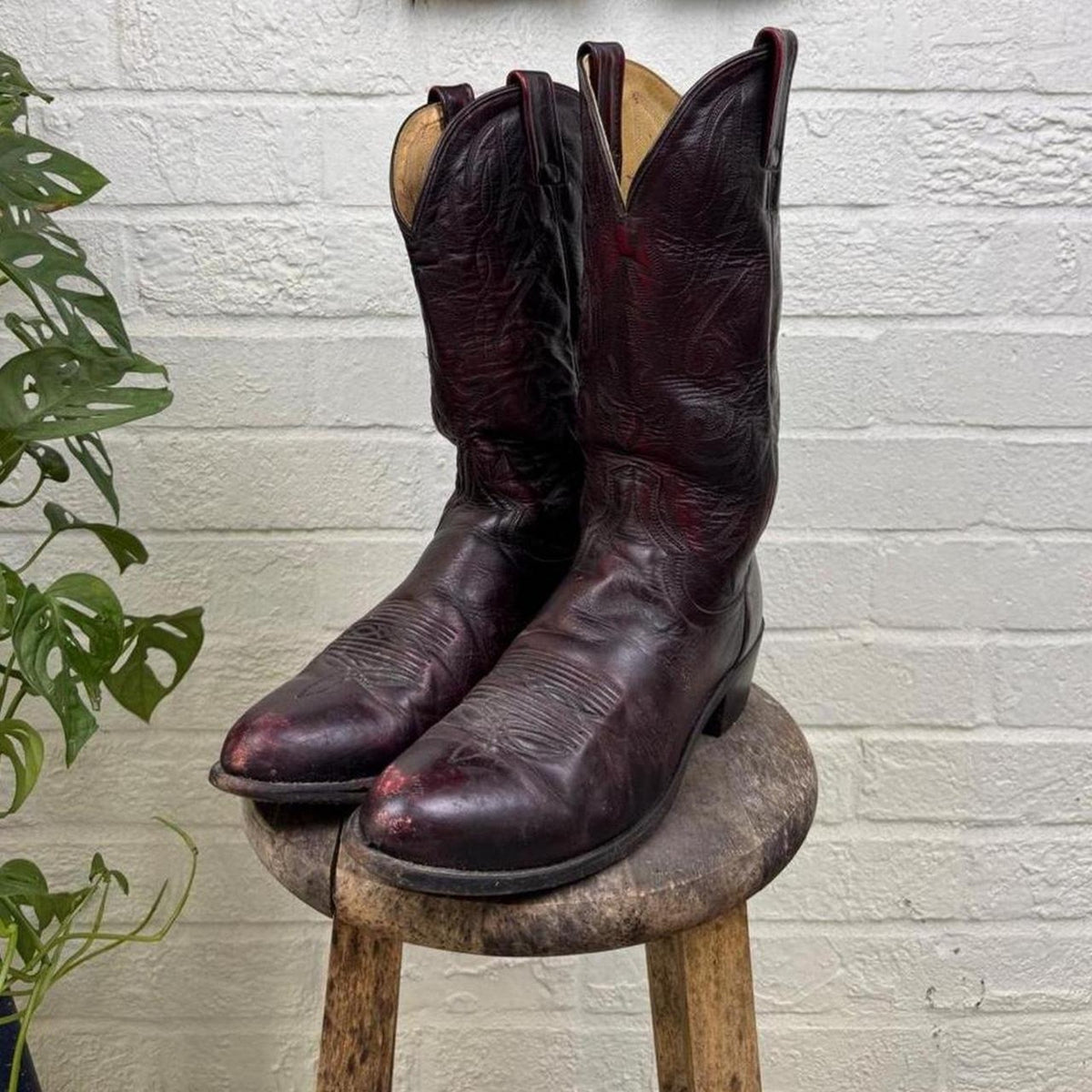 1980s Dan Post Black Cherry Leather Cowboy Boots | Men's 11D