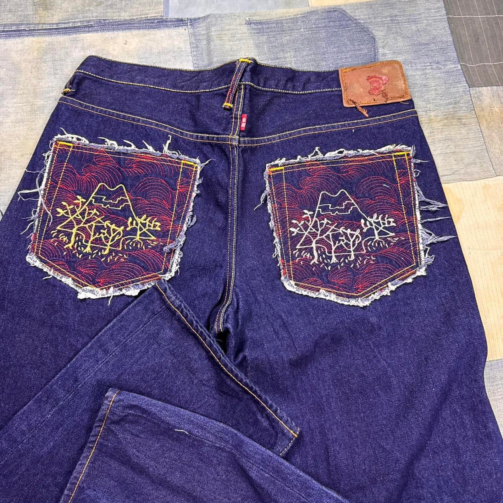 2000s Embroidered Baggy Red Monkey Jeans | 37x35