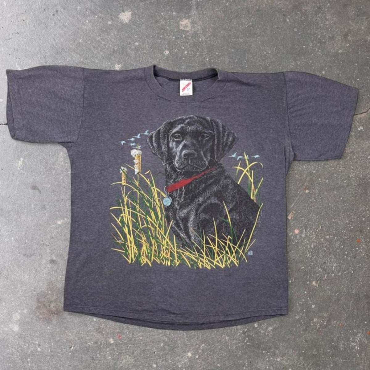 1990s Jerzees Black Labrador Hunting Dog Graphic Tee Made in USA | Large