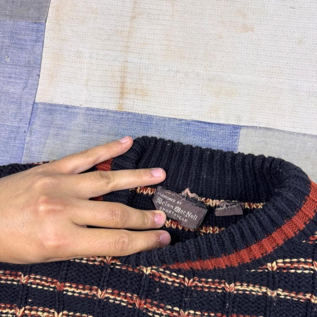 1970s Adrian MacNeil Sportswear Striped Textured Knit Sweater | Large