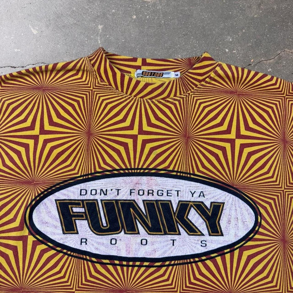 2000s Funky Roots Psychedelic Optical Illusion Graphic Tee Yellow Red | Medium