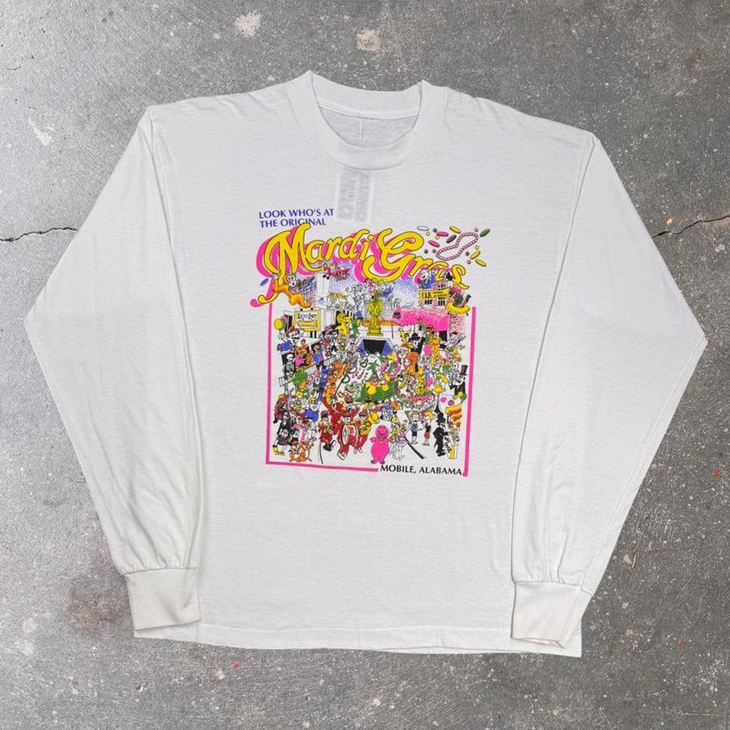 1990s Mobile Alabama Original Mardi Gras Cartoon Graphic Long Sleeve Tee | Large