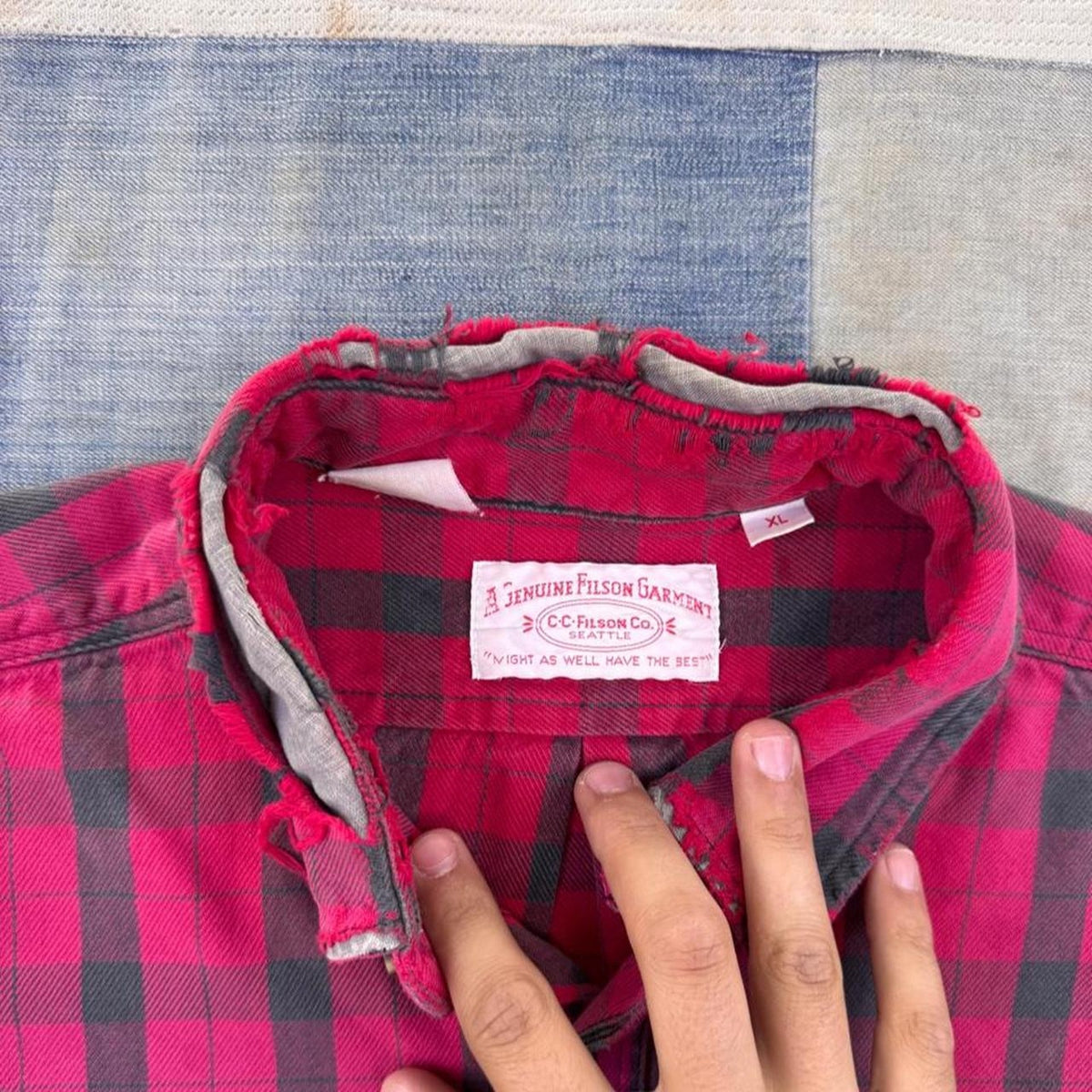 1990s C.C. Filson Red Black Buffalo Plaid Flannel Work Shirt | XL Distressed