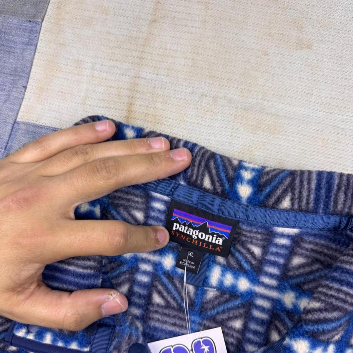 2000s Patagonia Synchilla Fleece Pullover Blue Geometric Pattern | XL