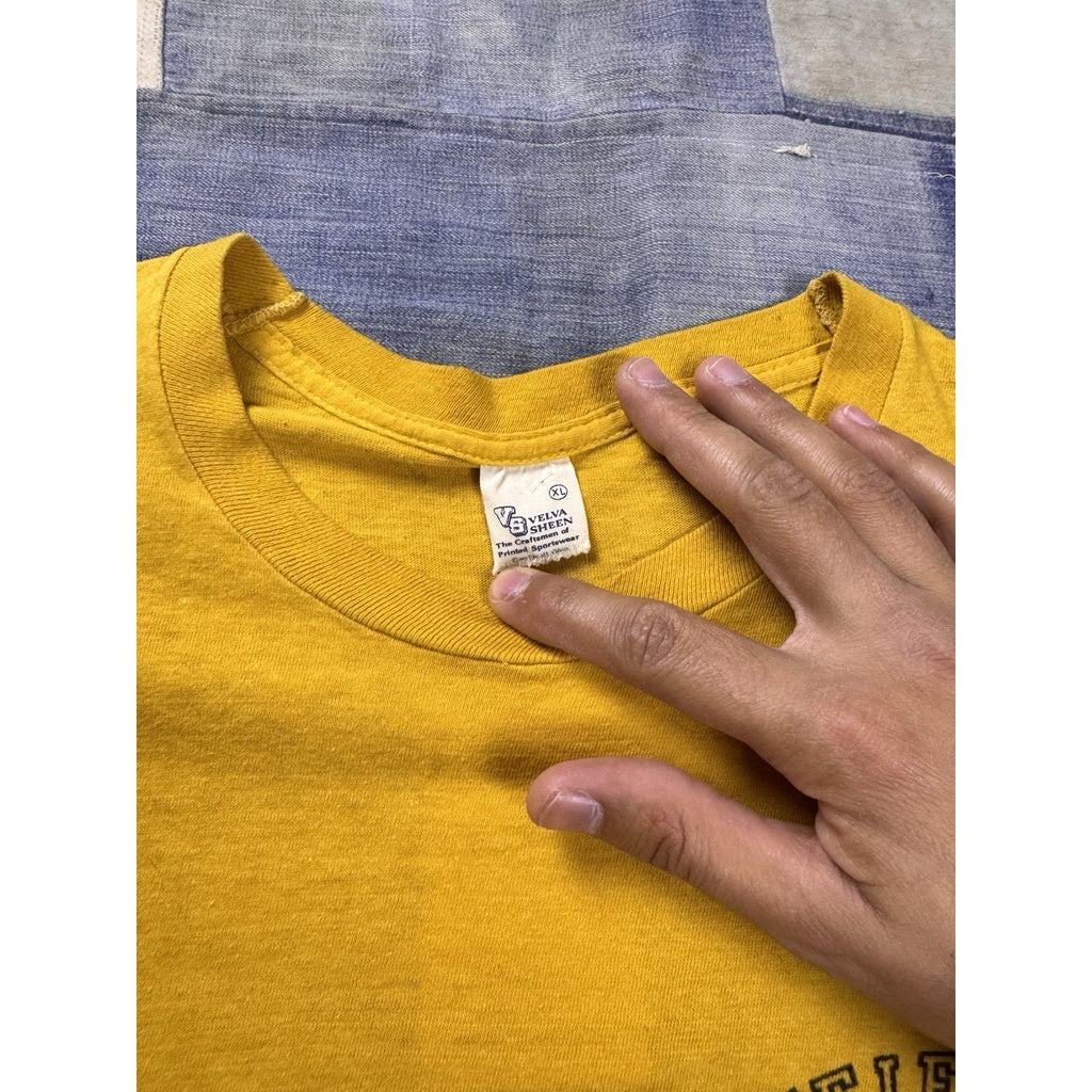 Vintage 60s Pfeiffer Beer Pocket Logo T Shirt Yellow Velva Sheen Made USA XL