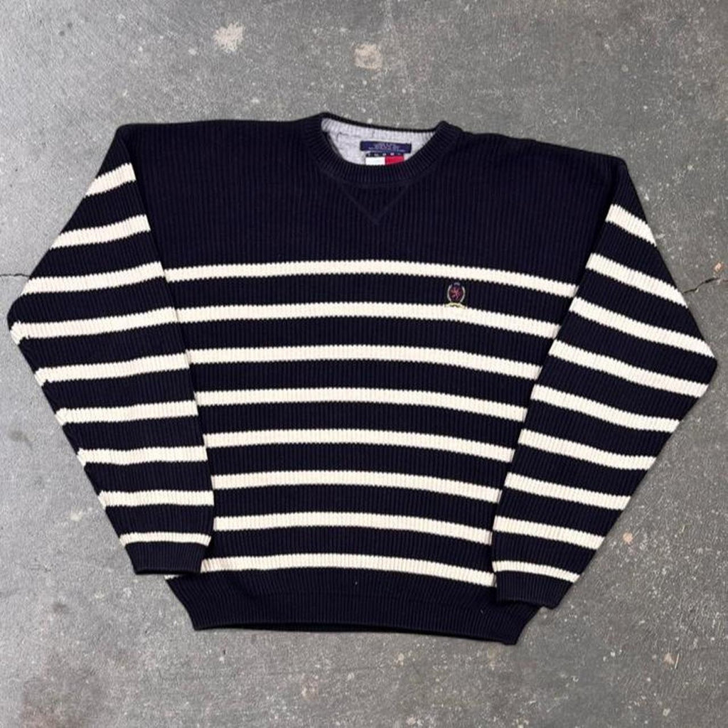 1990s Tommy Hilfiger Striped Crest Sweater Navy White | Extra Large