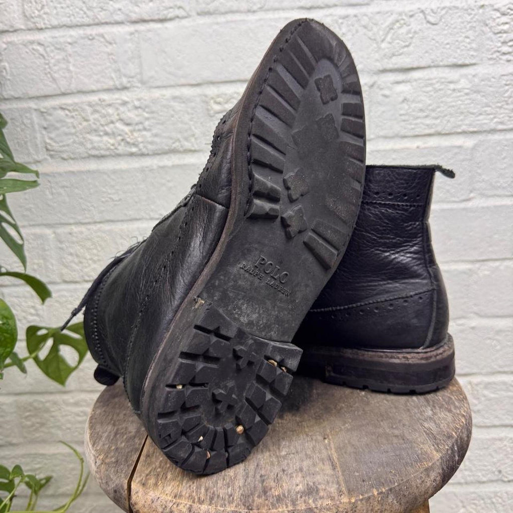 2000s Polo Ralph Lauren Nickson Black Leather Wingtip Brogue Boots | Men's 10D