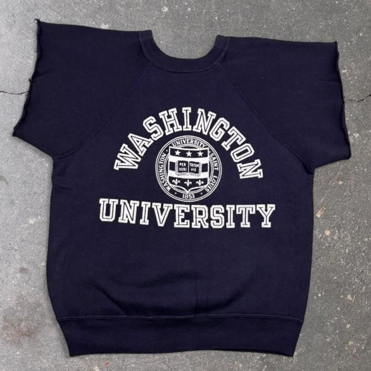 1960s Washington University Cutoff Sweatshirt Navy Flocked Print Collegiate | M