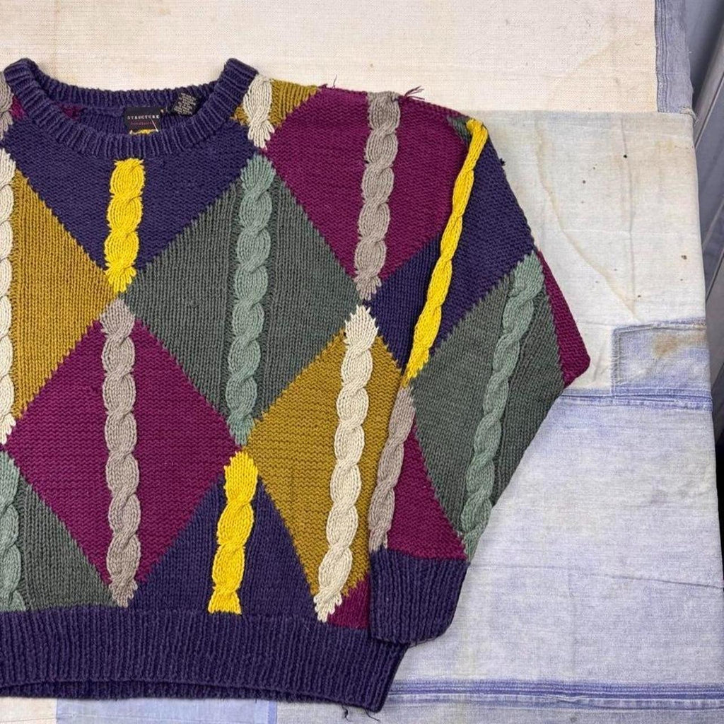 1990s Structure Hand Knit Sweater Multicolor Diamond Cable Knit Grandpa | M