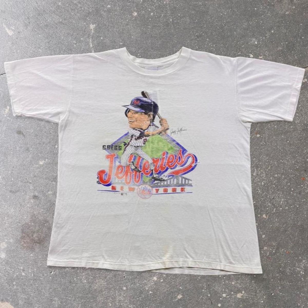 1989 Gregg Jefferies New York Mets Caricature Baseball Tee | XL