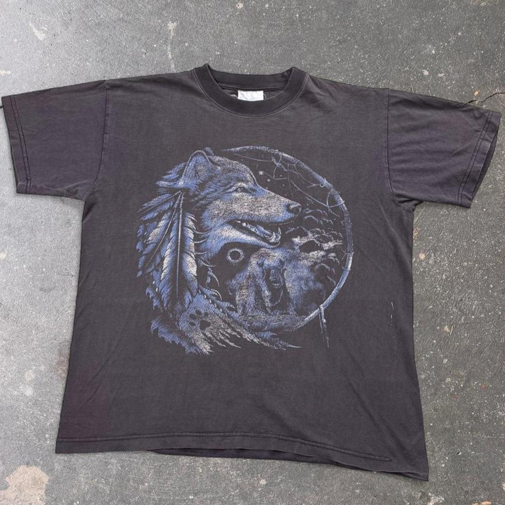 1990s Native American Wolf Bear Dreamcatcher Graphic Tee | Medium